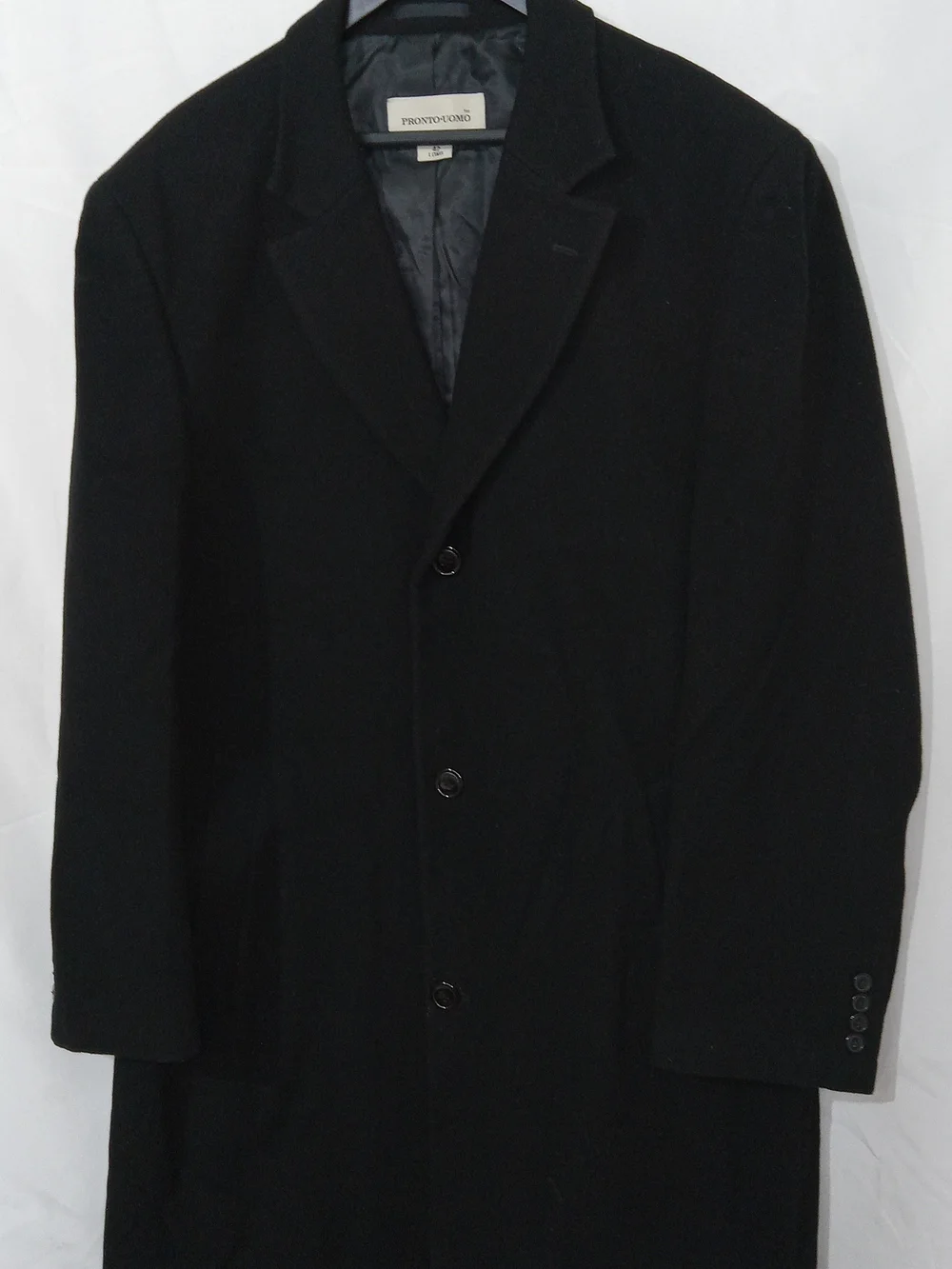 Pronto Uomo Mens 42L Wool Cashmere Blend Black Overcoat Top Coat Long Coat